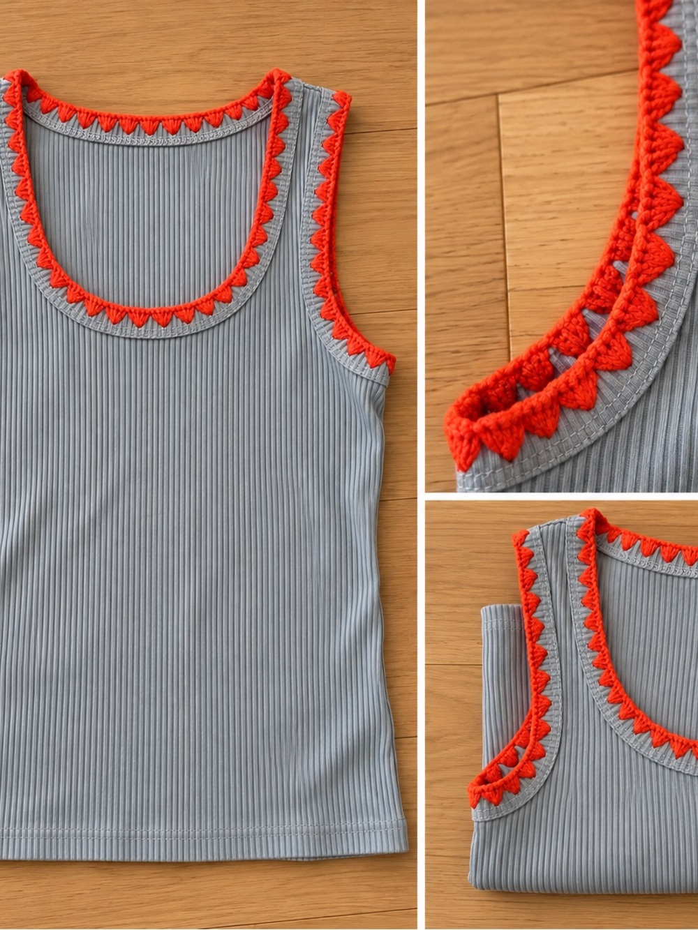 Baby Blue Ribbed Tank Top with Red Crochet Trim | XS